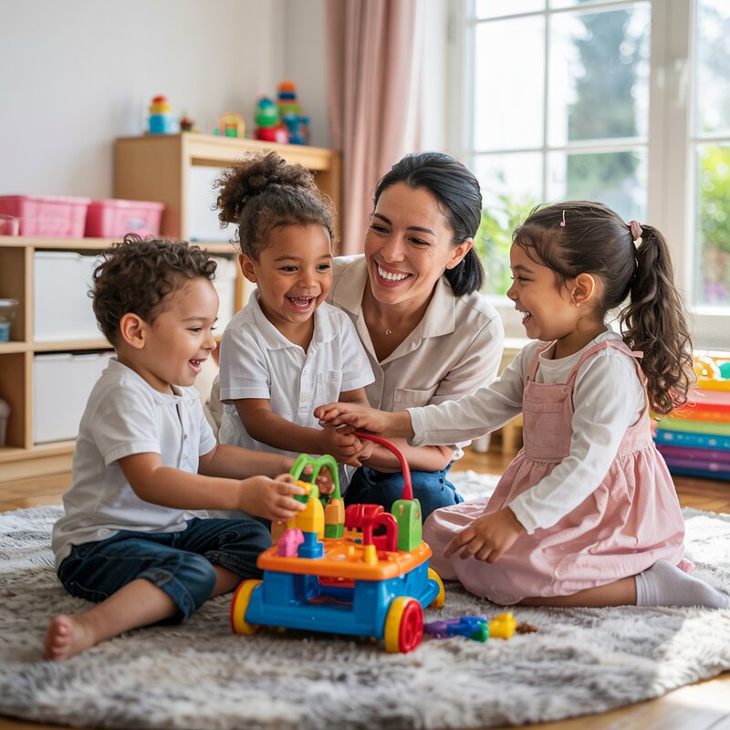 Happy children with their nanny